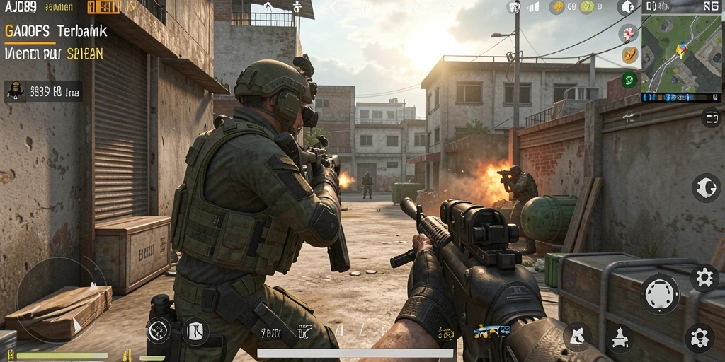 Tampilan gameplay menembak yang intens di AJO89.
