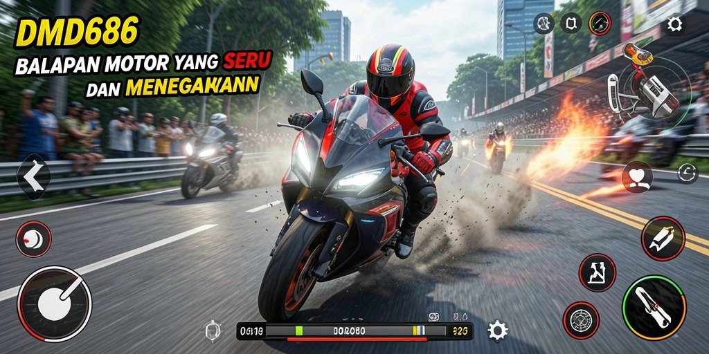 Screenshot DMD686 menampilkan aksi balapan motor yang intens.