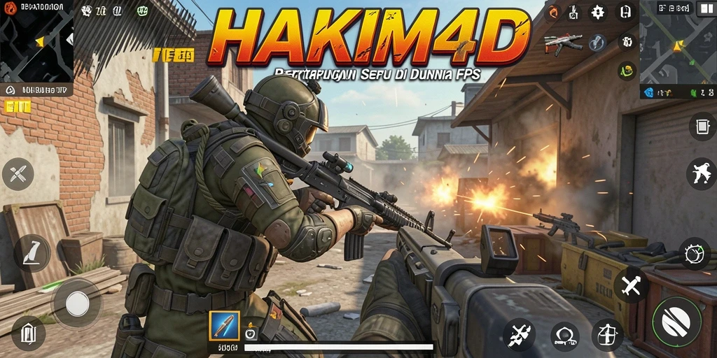 Screenshot HAKIM4D menampilkan aksi tembak-menembak seru di peta yang detail.