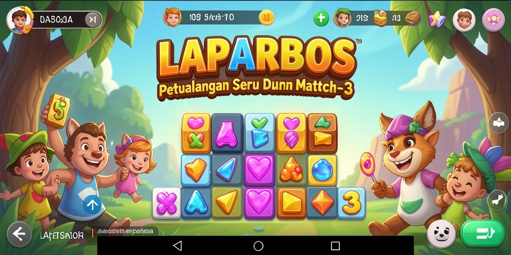 Screenshot gameplay LAPARBOS menampilkan kombinasi permata berwarna-warni dalam aksi Match-3.