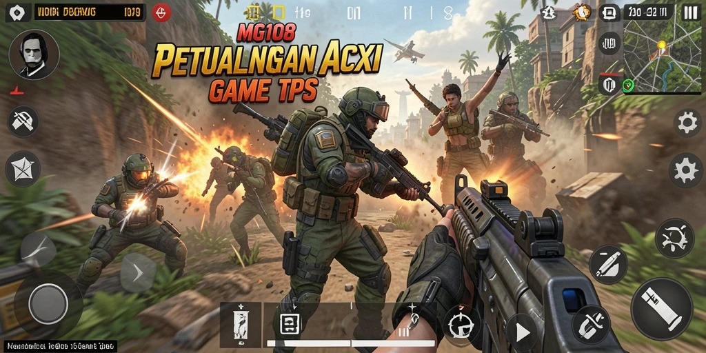 Tangkapan layar utama MG108 menampilkan aksi seru dalam pertempuran TPS.