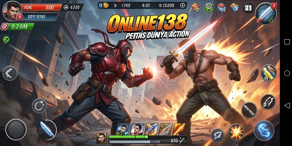 Screenshot utama ONLINE138 menampilkan aksi intens dan kombinasi serangan spektakuler.