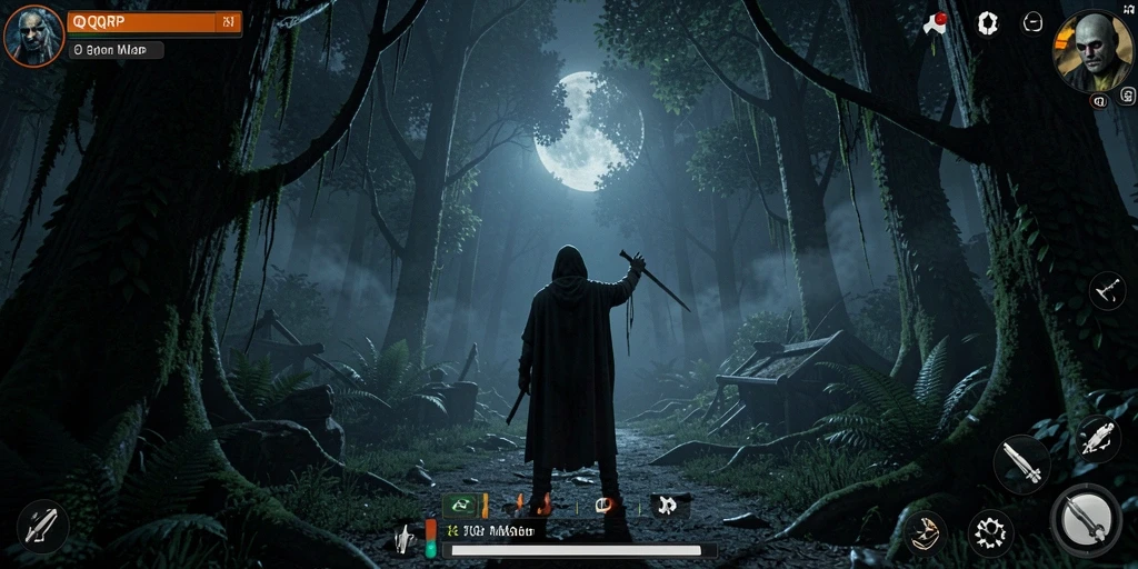 Gameplay QQRP menampilkan suasana hutan yang angker dan menakutkan.