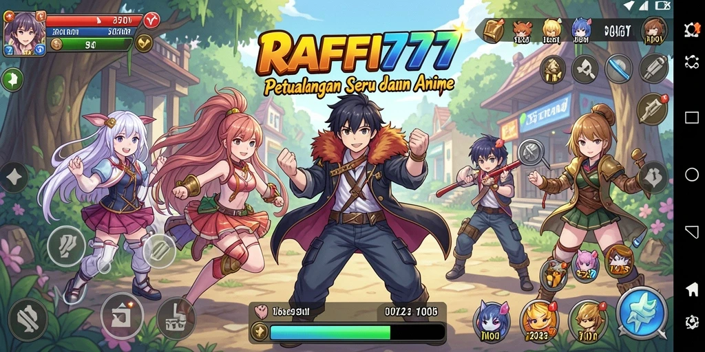 Tampilan seru gameplay RAFFI777 dengan karakter anime yang colorful.
