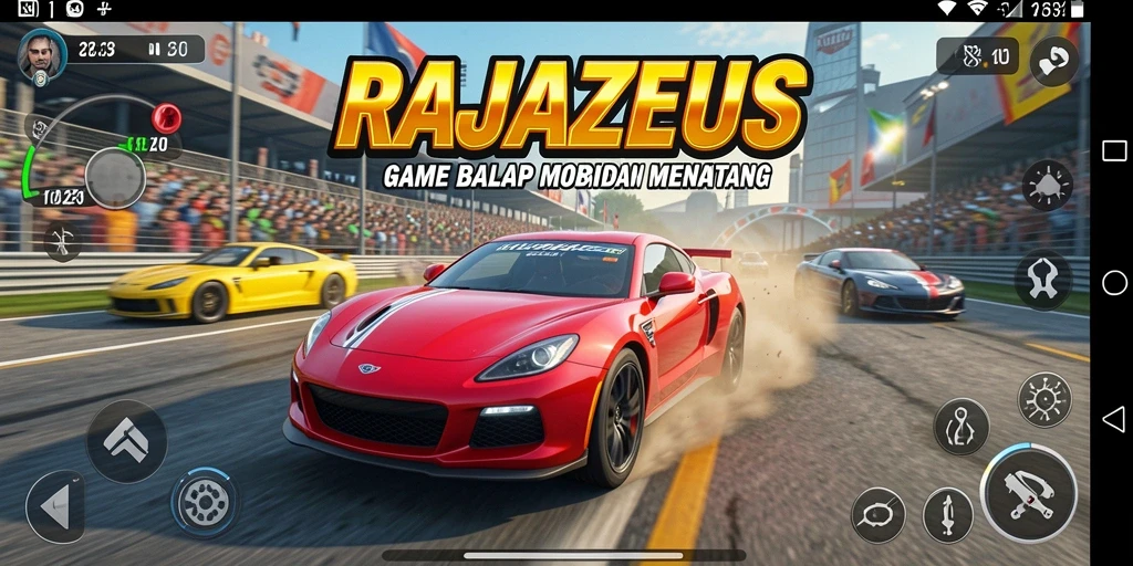 Screenshot menampilkan aksi menegangkan balapan mobil di <strong>RAJAZEUS</strong>.
