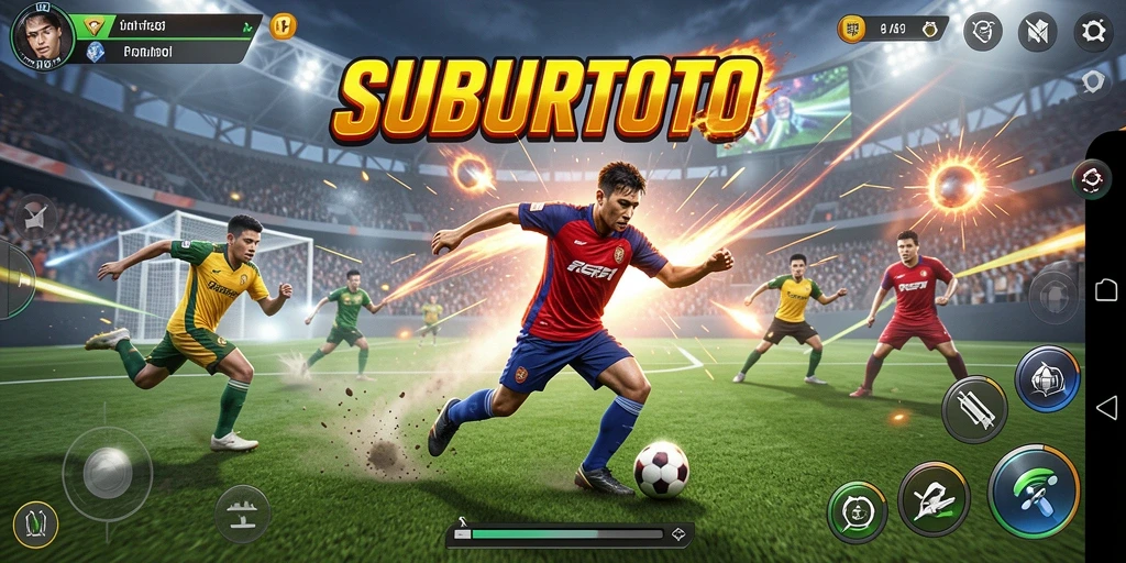 Screenshot gameplay SUBURTOTO yang menggambarkan aksi olahraga yang mendebarkan.